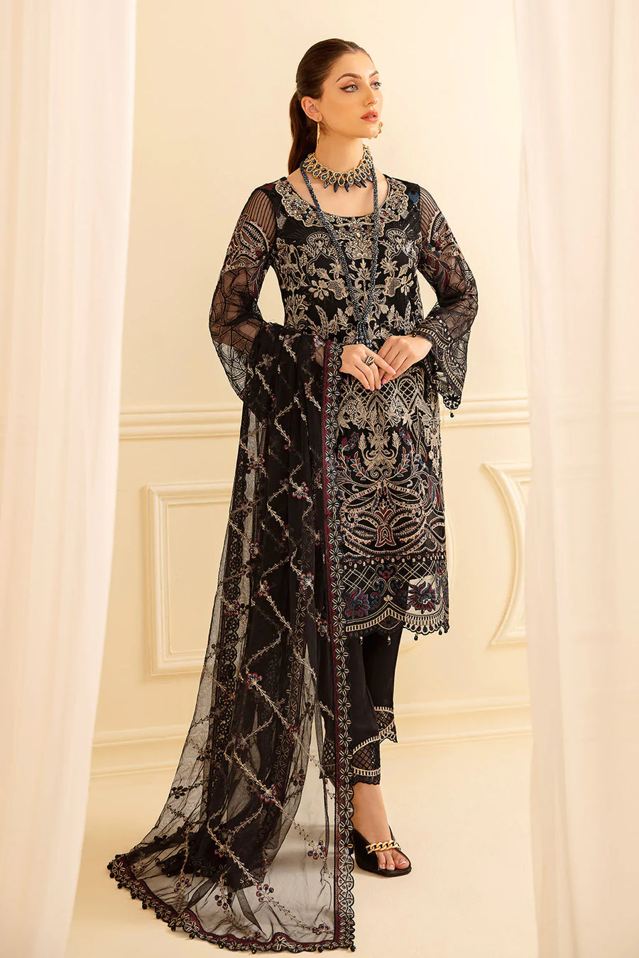 Ramsha Minhal Vol-07 Unstitched Embroidered Net 3Pc Suit M-703