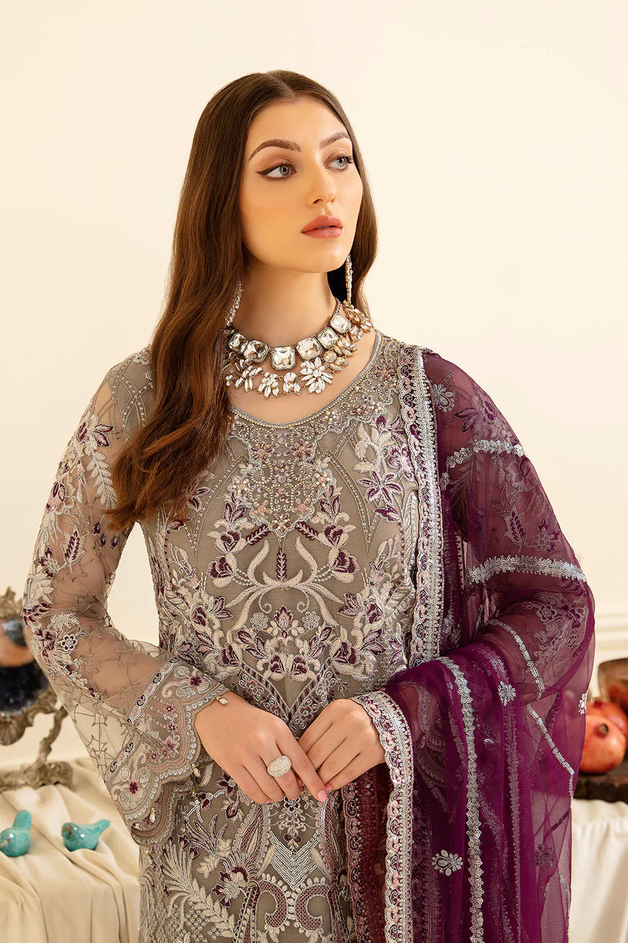 Ramsha Minhal Vol-07 Unstitched Embroidered Net 3Pc Suit M-704
