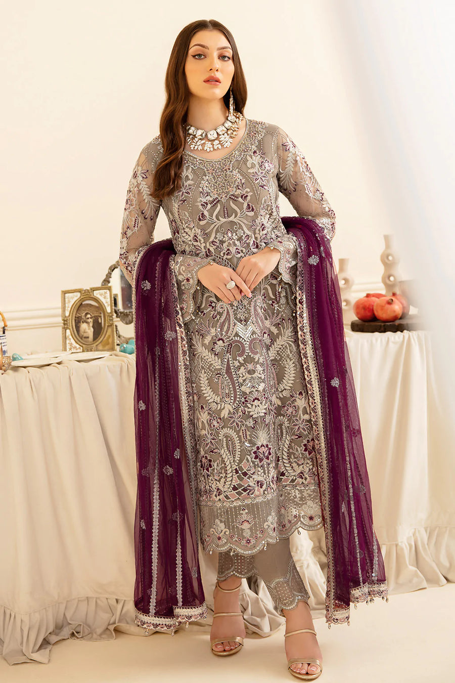 Ramsha Minhal Vol-07 Unstitched Embroidered Net 3Pc Suit M-704