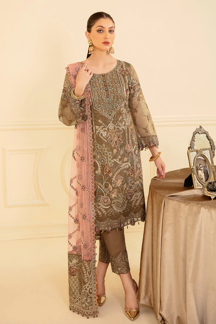 Ramsha Minhal Vol-07 Unstitched Embroidered Organza 3Pc Suit M-705