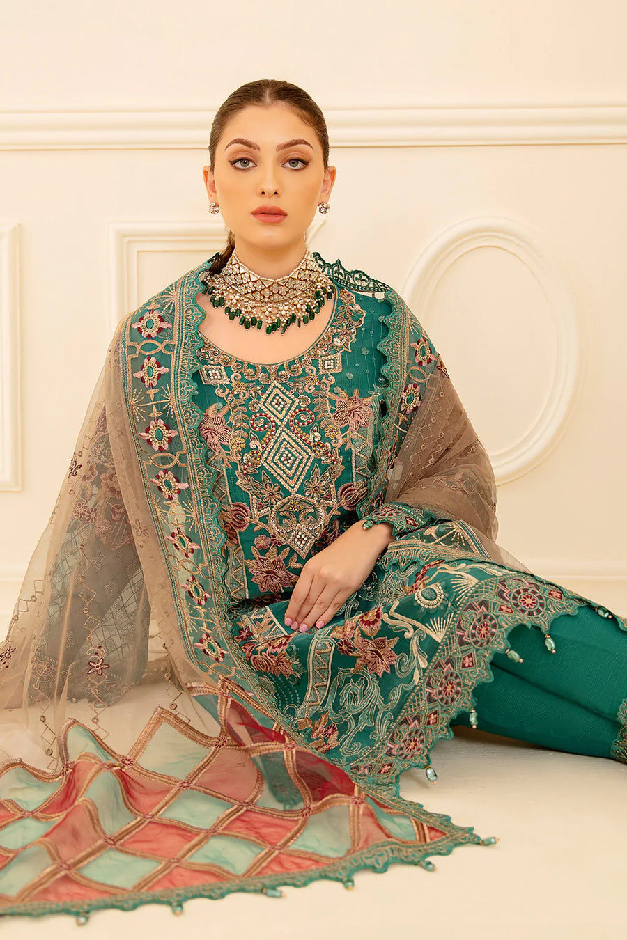 Ramsha Minhal Vol-07 Unstitched Embroidered Organza 3Pc Suit M-708