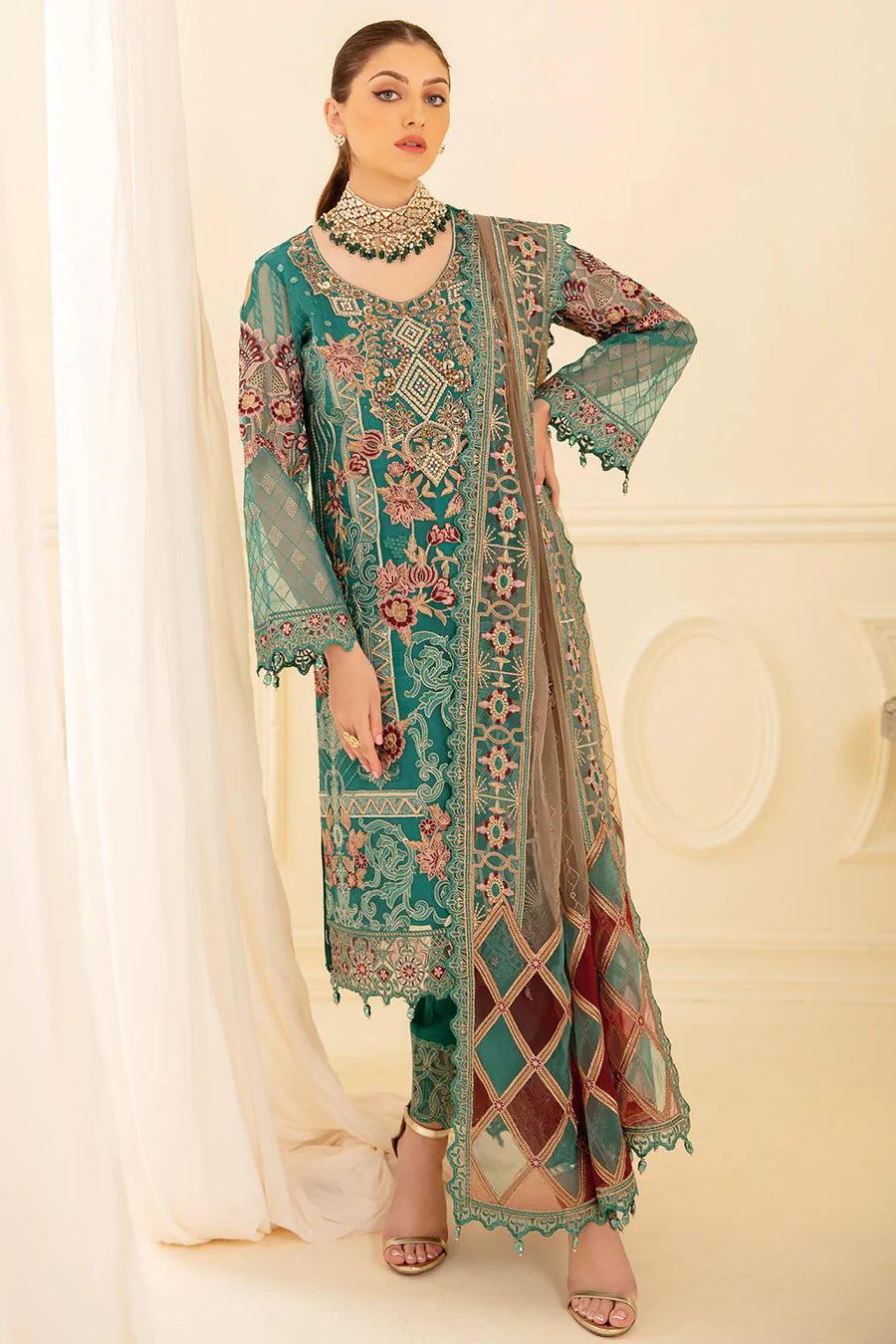 Ramsha Minhal Vol-07 Unstitched Embroidered Organza 3Pc Suit M-708