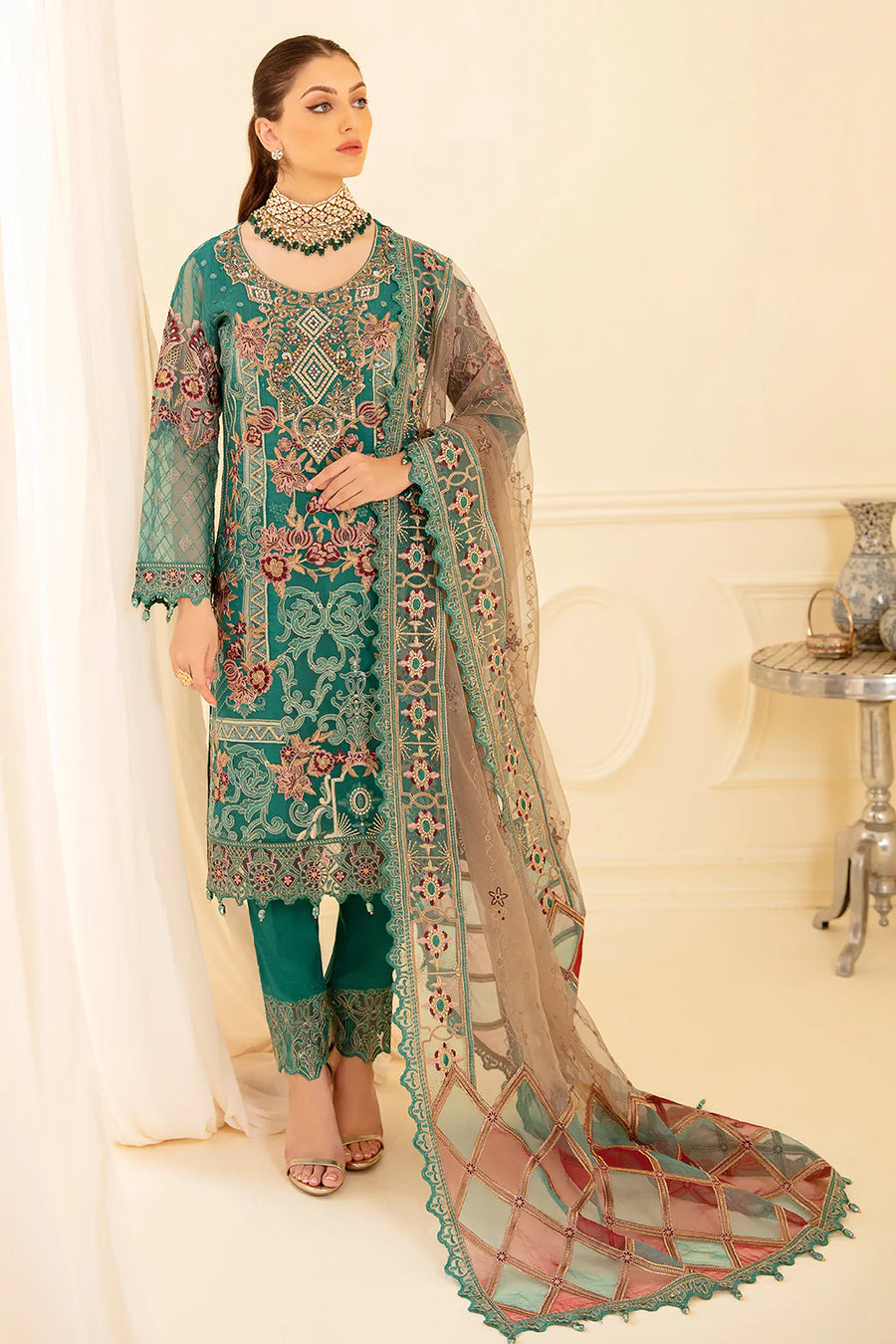 Ramsha Minhal Vol-07 Unstitched Embroidered Organza 3Pc Suit M-708