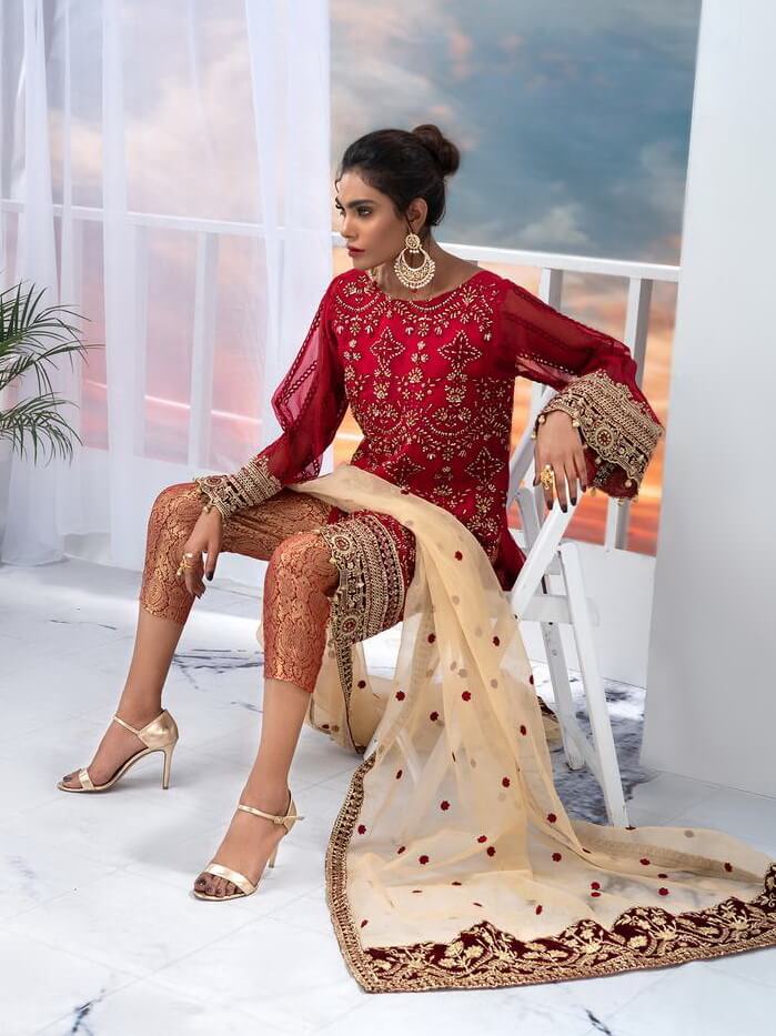 Akbar Aslam Luxury Chiffon Collection 2020 3pc Suit AAW-01 MAROON BLISS - FaisalFabrics.pk