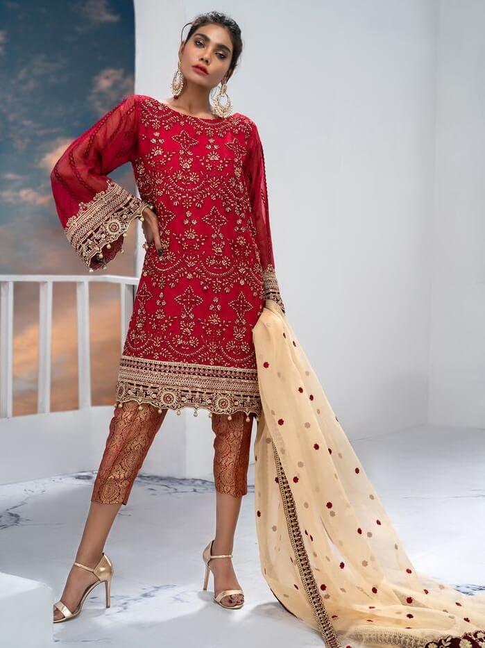 Akbar Aslam Luxury Chiffon Collection 2020 3pc Suit AAW-01 MAROON BLISS - FaisalFabrics.pk
