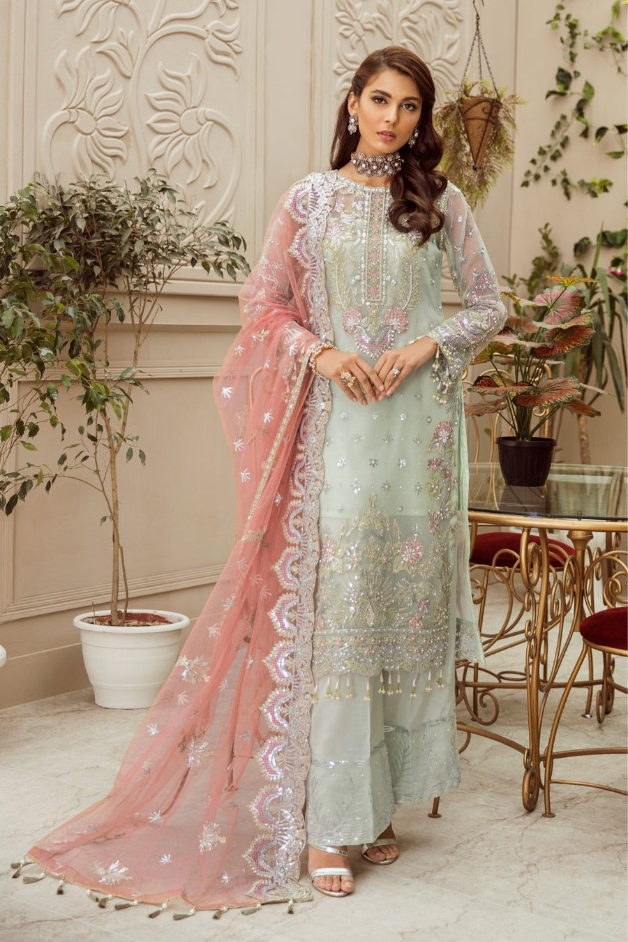 MASHQ Festive Collection Embroidered Organza 3Pc Suit MZ-08 PERIWINKLE HAZE - FaisalFabrics.pk