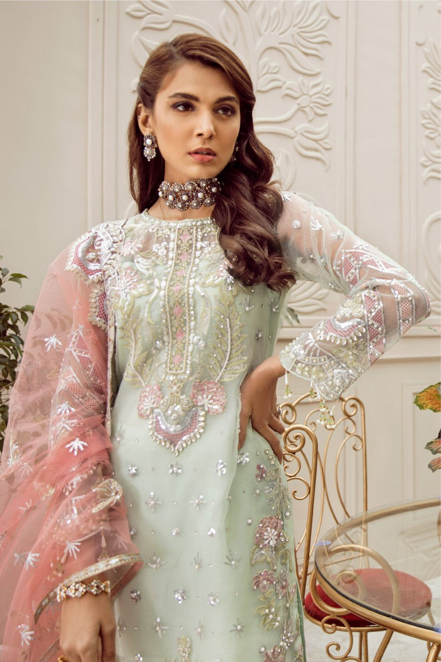 MASHQ Festive Collection Embroidered Organza 3Pc Suit MZ-08 PERIWINKLE HAZE - FaisalFabrics.pk