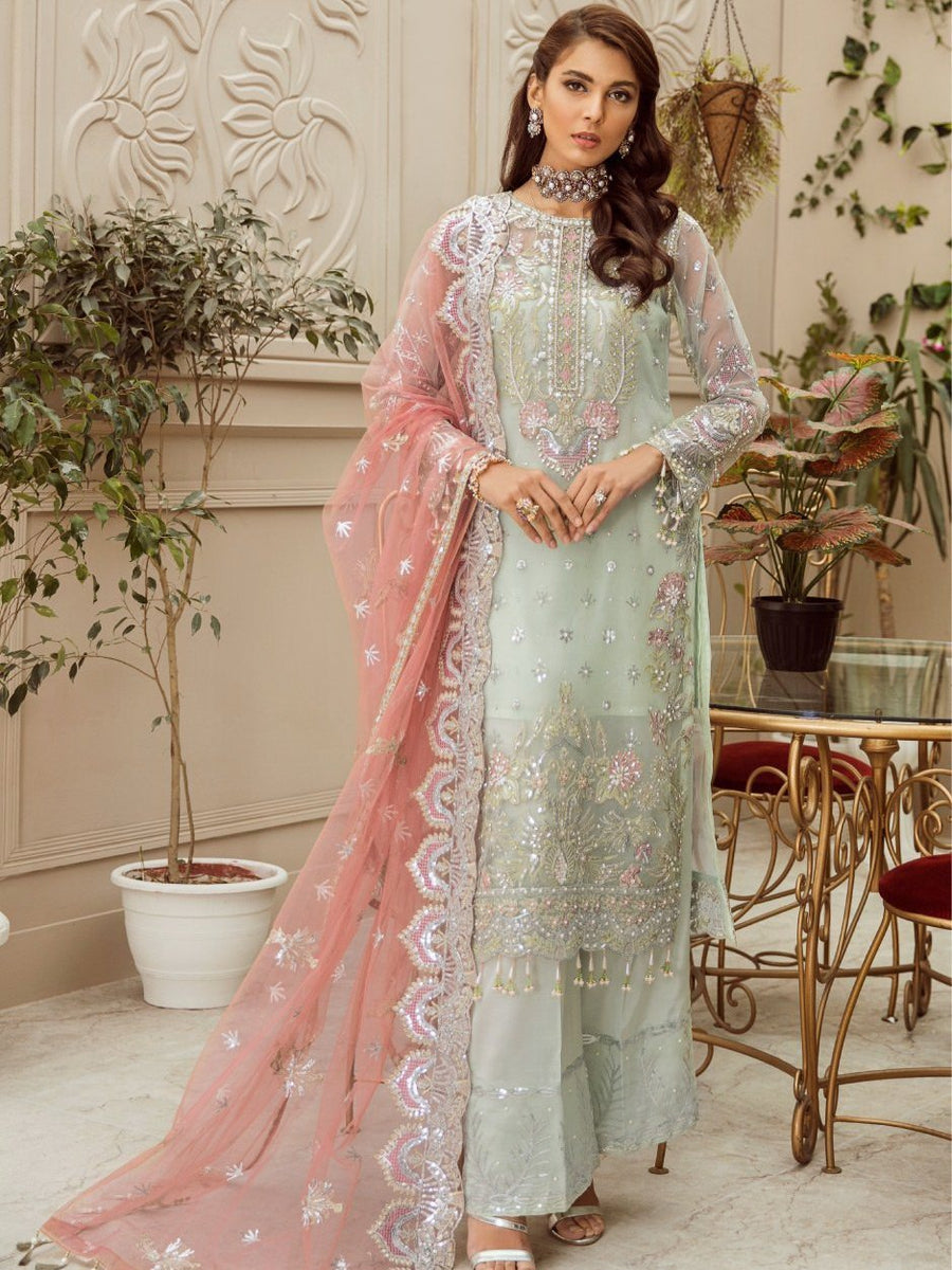 MASHQ Festive Collection Embroidered Organza 3Pc Suit MZ-08 PERIWINKLE HAZE - FaisalFabrics.pk