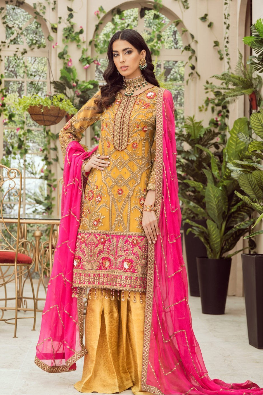 MASHQ Festive Collection Embroidered Chiffon 3Pc Suit MZ-09 FIRE DANCE - FaisalFabrics.pk