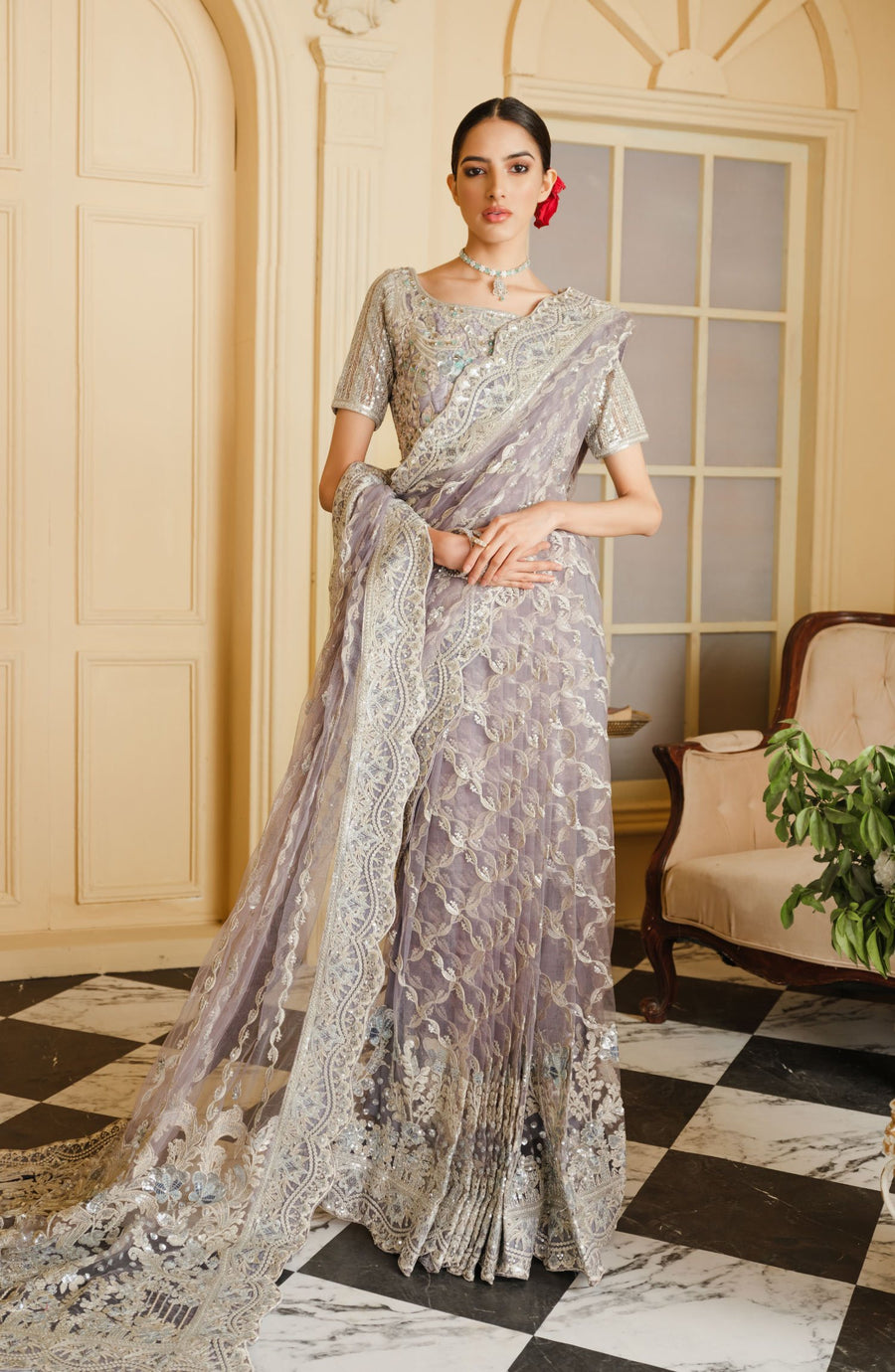 Maryum N Maria Luxury Handmade Unstitched Net Fabric Saree MFR-0005 - FaisalFabrics.pk