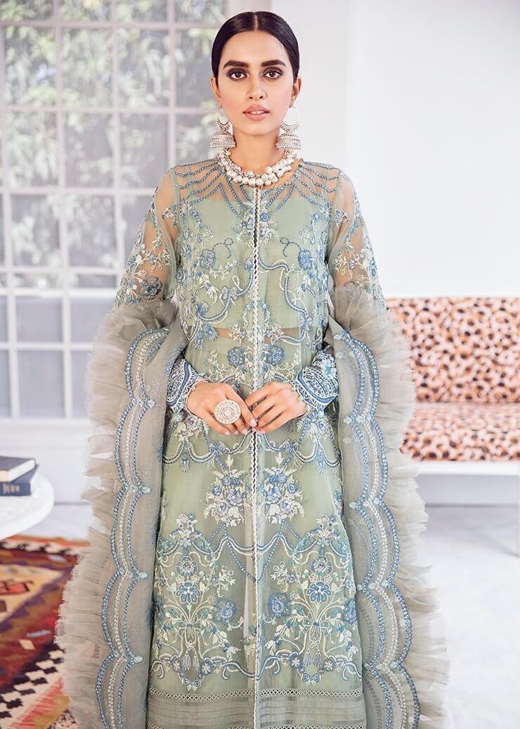 Afrozeh La Fuchsia Luxury Chiffon Unstitched 3 Piece Suit D-06 Mint Macaron - FaisalFabrics.pk