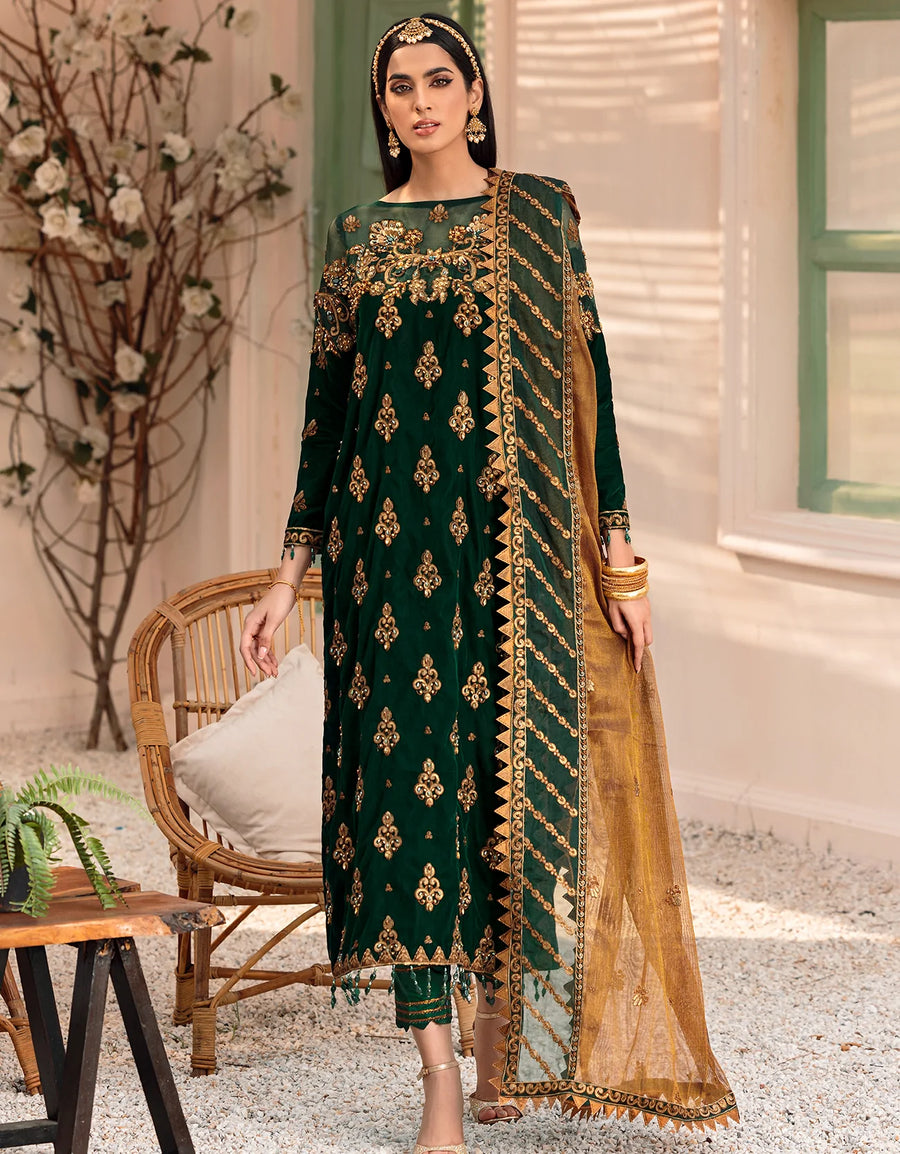 Emaan Adeel Makhmal Unstitched Luxury Velvet 3Pc Suit MK-305 Green