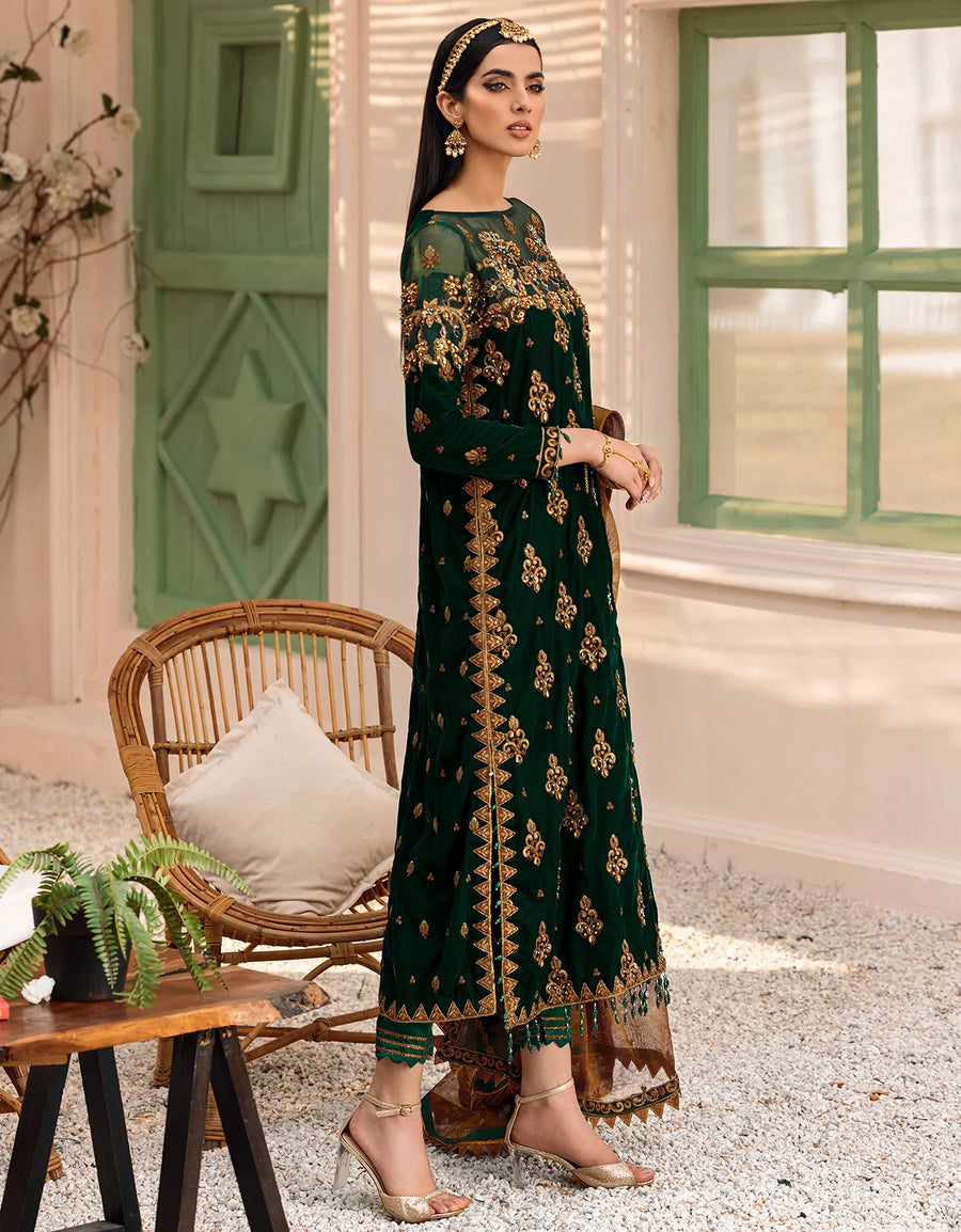 Emaan Adeel Makhmal Unstitched Luxury Velvet 3Pc Suit MK-305 Green