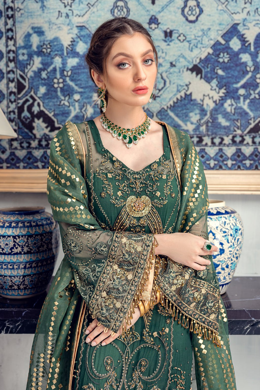 Meeral Luxury Formal Wedding Chiffon Unstitched 3pc Suit ML-04-BOTTLE GREEN - FaisalFabrics.pk