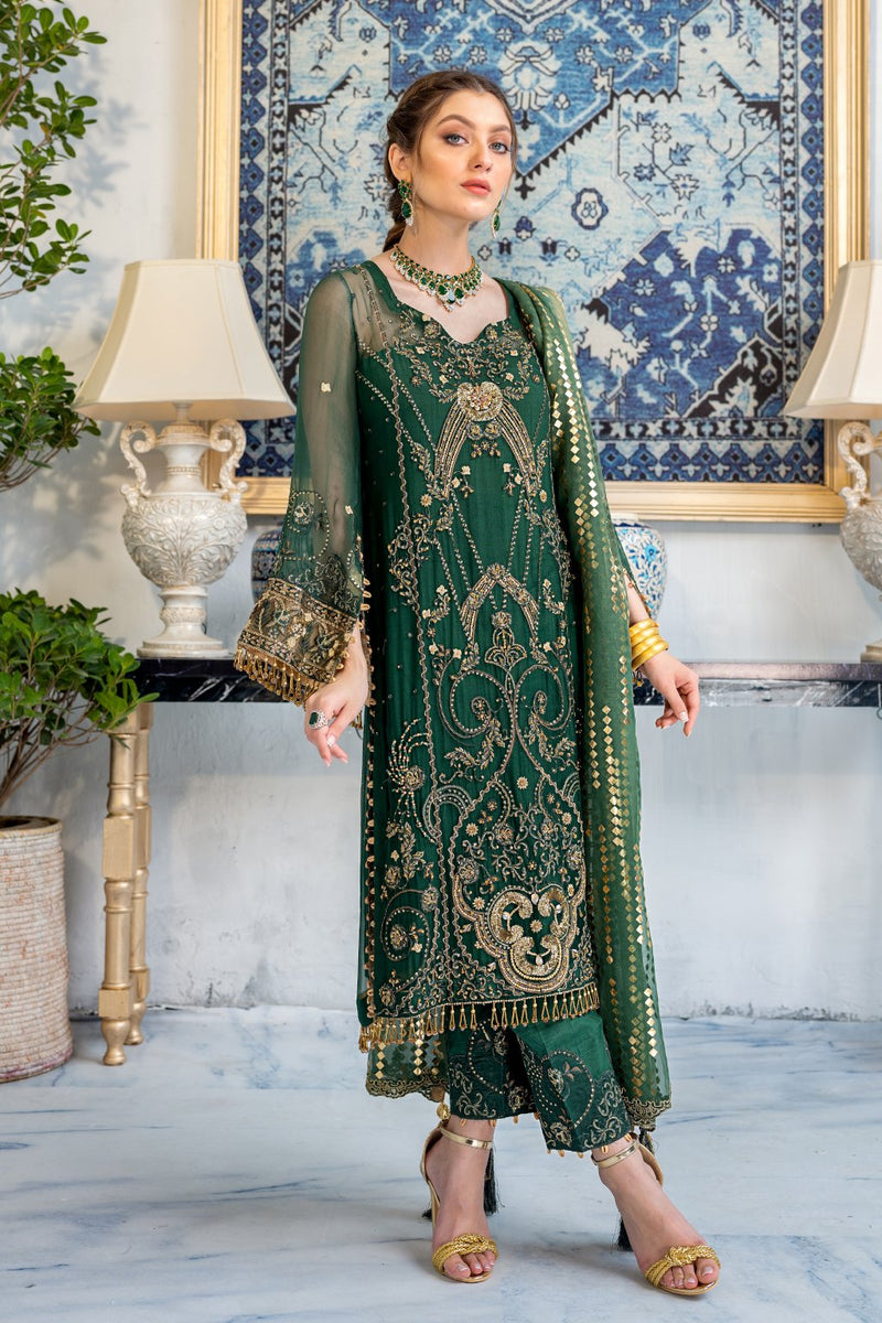 Meeral Luxury Formal Wedding Chiffon Unstitched 3pc Suit ML-04-BOTTLE GREEN - FaisalFabrics.pk