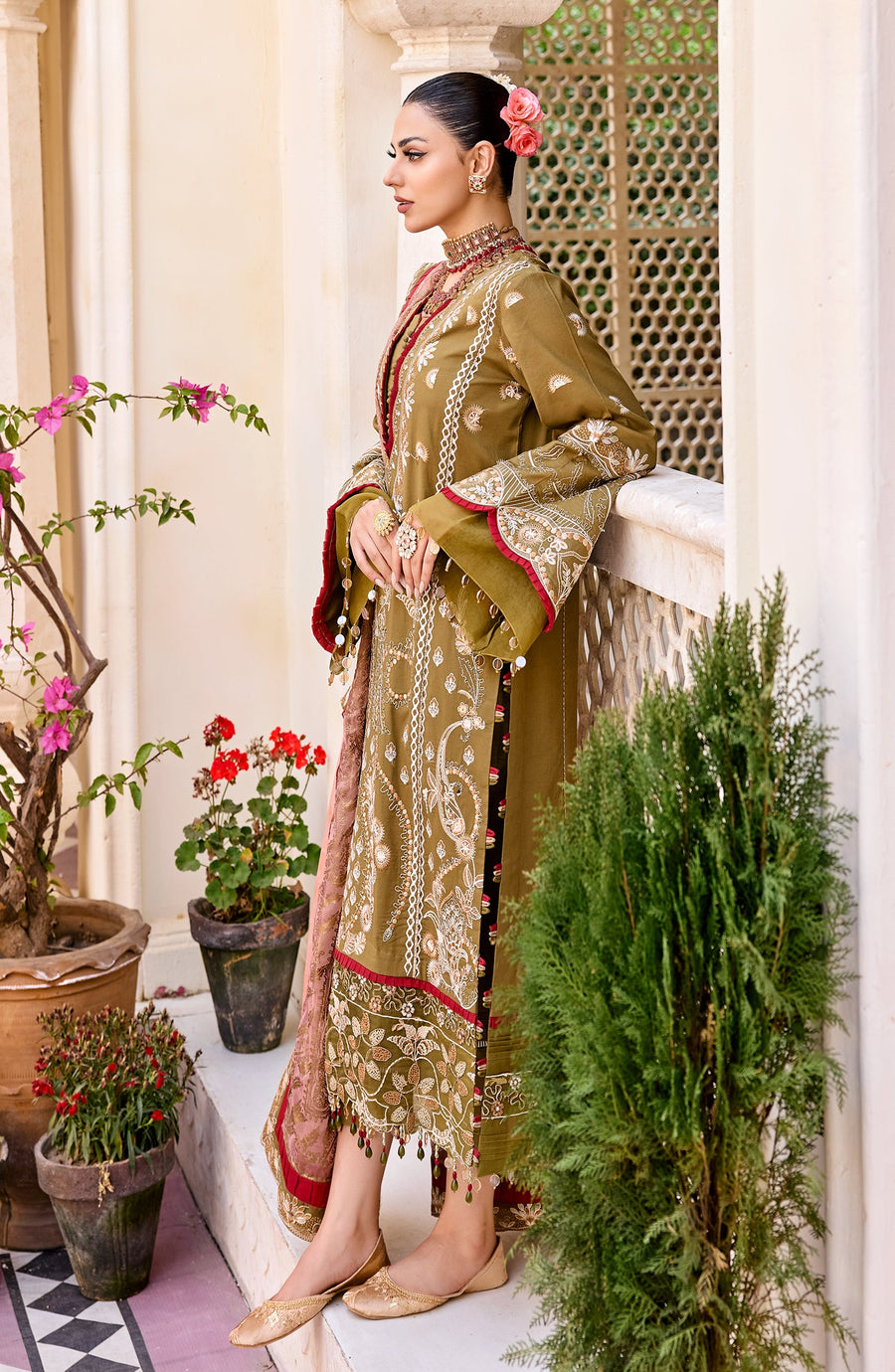 Maryum N Maria Eid e Nobahar Luxury Lawn Unstitched 3Pc Suit - Olive Garden