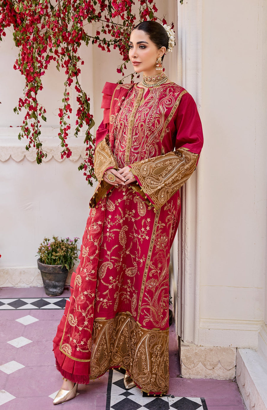 Maryum N Maria Eid e Nobahar Luxury Lawn Unstitched 3Pc Suit - Cranberry