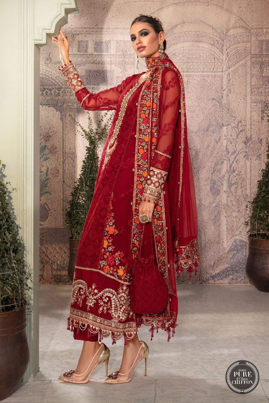 Maria.B Unstitched Chiffon 3Pc Suit MPC-22-201-Ruby Red