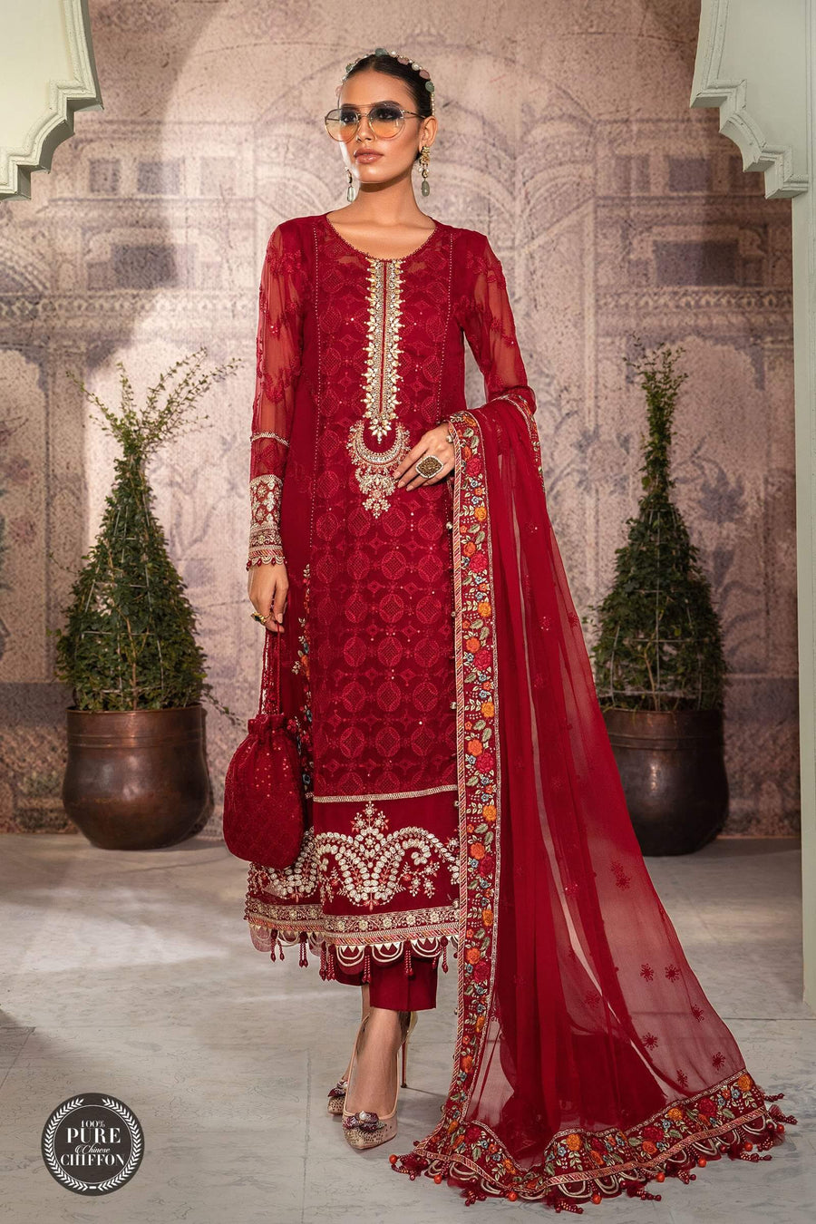 Maria.B Unstitched Chiffon 3Pc Suit MPC-22-201-Ruby Red