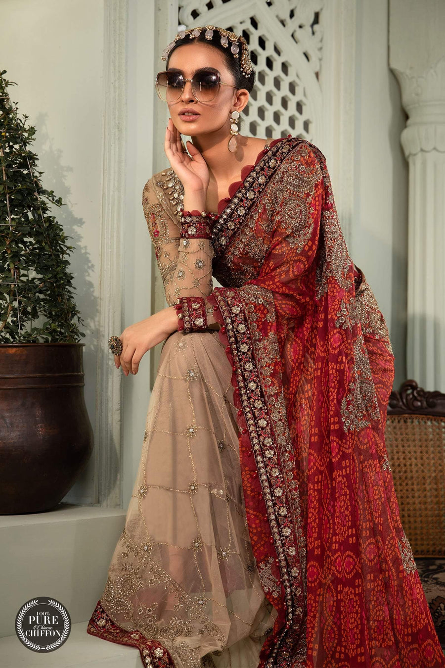 Maria.B Unstitched Chiffon Saree MPC-22-202-Coffee and Maroon