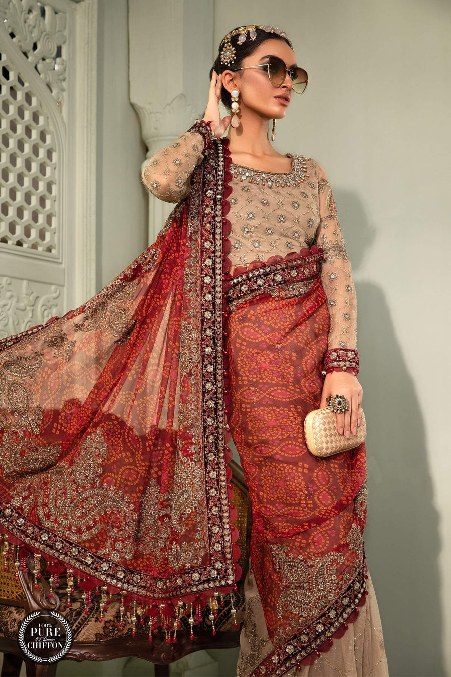 Maria.B Unstitched Chiffon Saree MPC-22-202-Coffee and Maroon