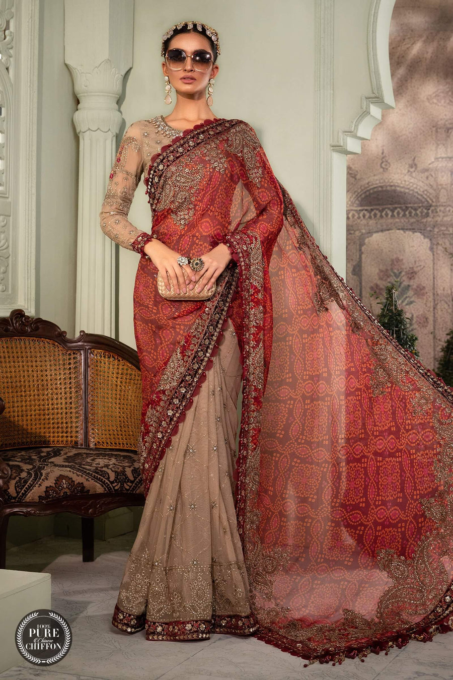 Maria.B Unstitched Chiffon Saree MPC-22-202-Coffee and Maroon