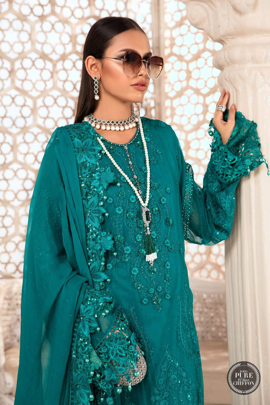 Maria.B Unstitched Chiffon 3Pc Suit MPC-22-203-Deep and Sea Green
