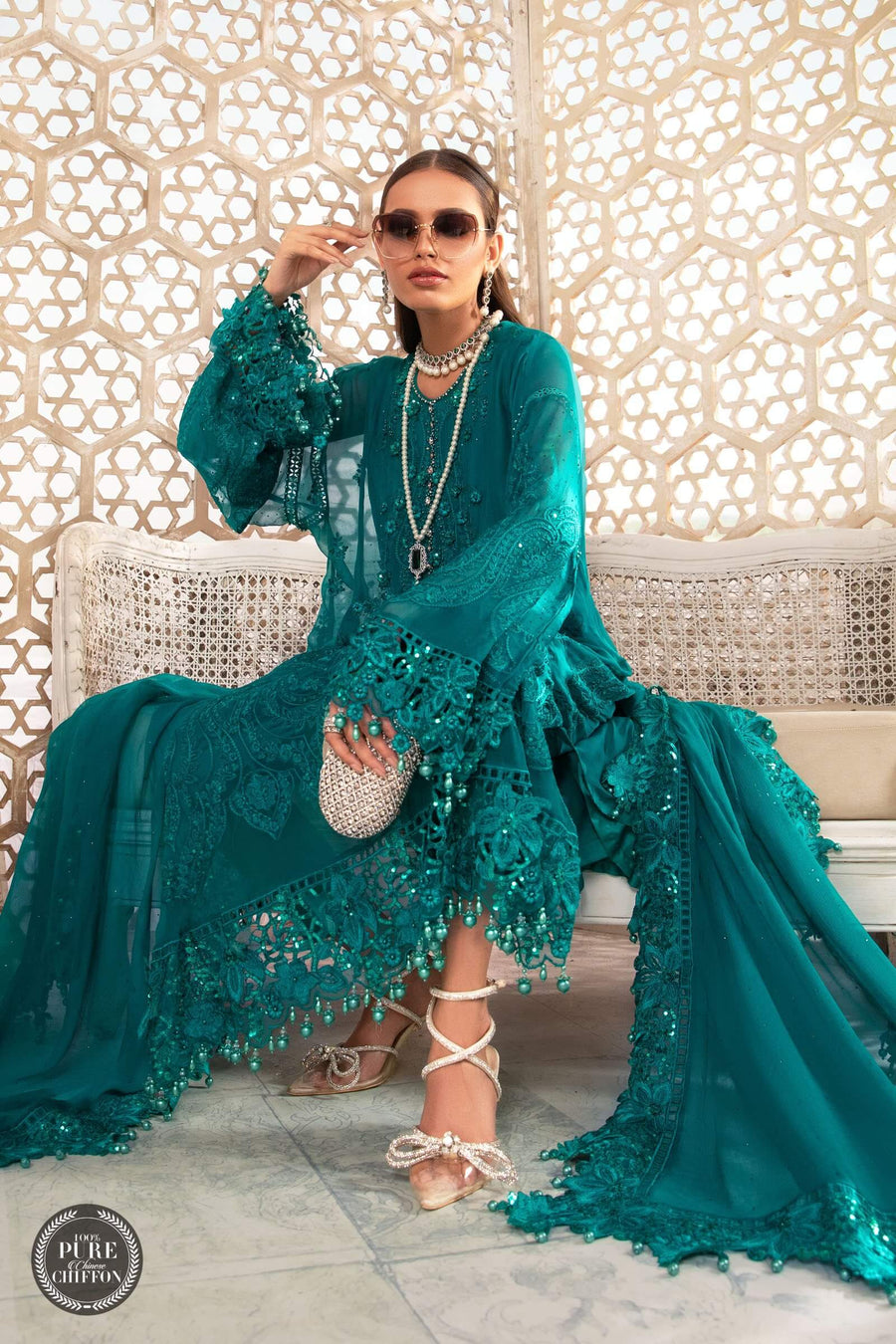 Maria.B Unstitched Chiffon 3Pc Suit MPC-22-203-Deep and Sea Green
