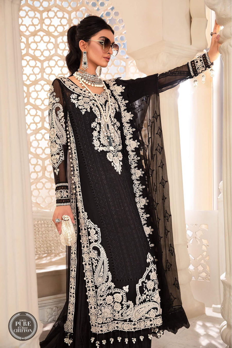 Maria.B Unstitched Chiffon 3Pc Suit MPC-22-204-Black and White