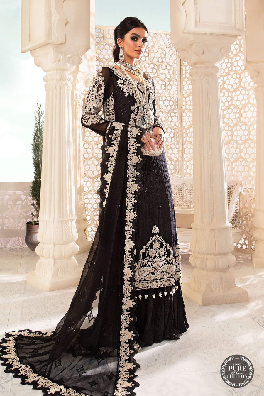Maria.B Unstitched Chiffon 3Pc Suit MPC-22-204-Black and White