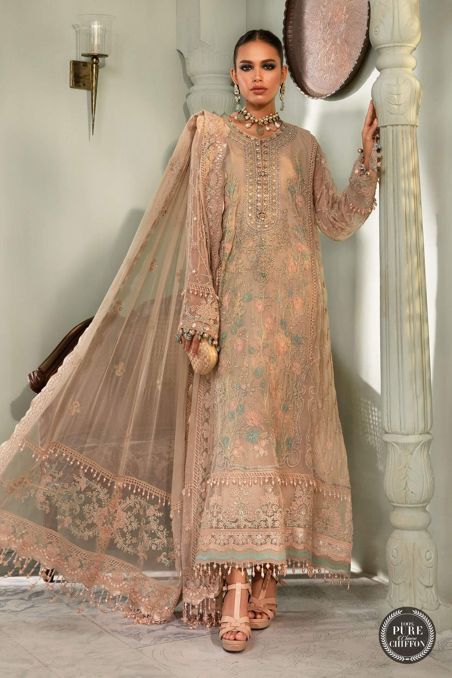 Maria.B Unstitched Chiffon 3Pc Suit MPC-22-206-Nude Pink