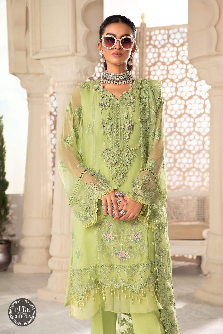 Maria.B Unstitched Chiffon 3Pc Suit MPC-22-207-Lime Green