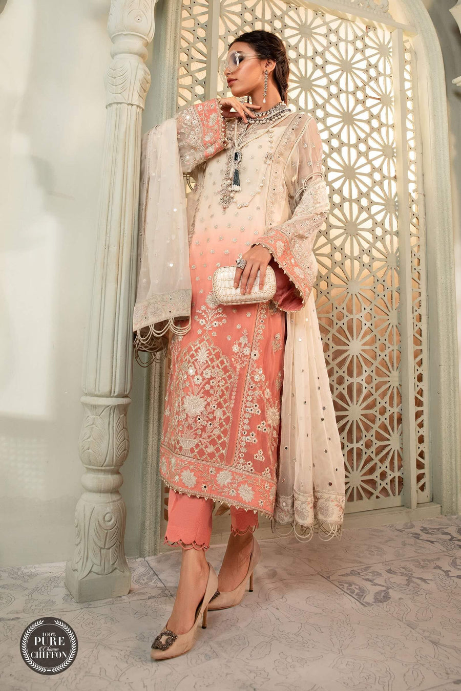 Maria.B Unstitched Chiffon 3Pc Suit MPC-22-208-Cream and Coral Pink