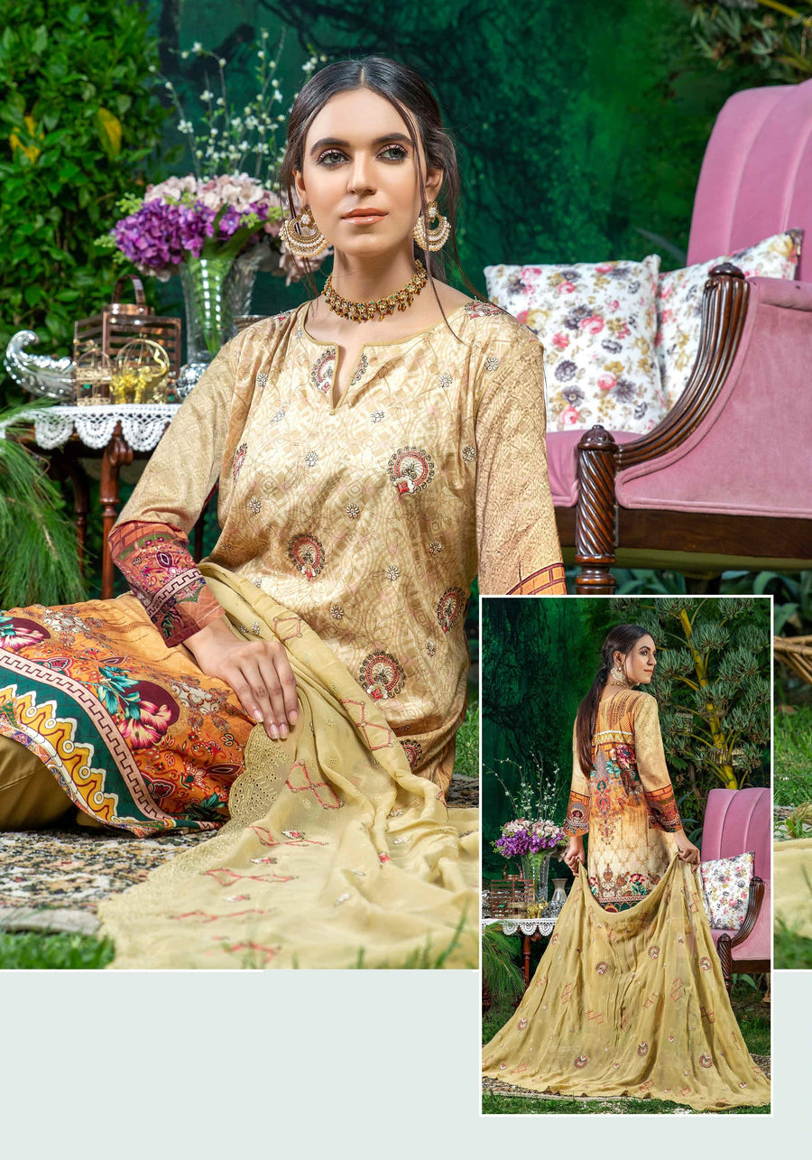 Creaze Unstitched Embroidered Stapple Linen 3Pc Suit MSV-22415