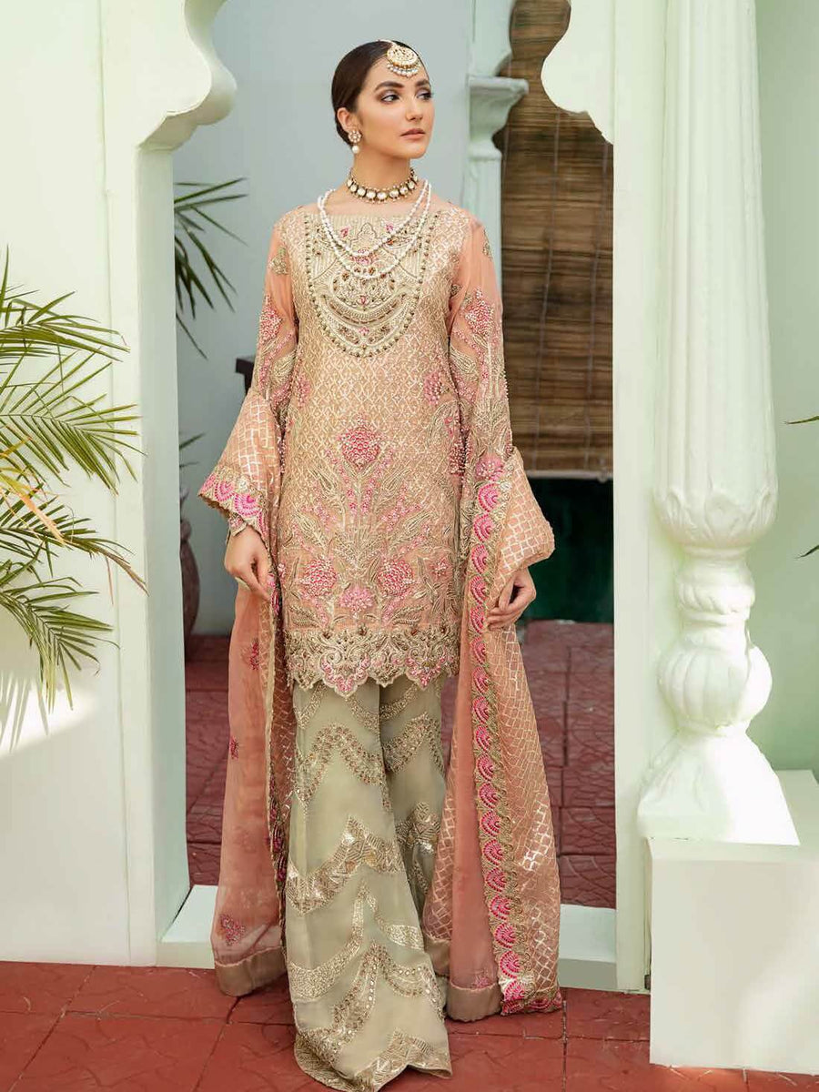 MASHQ Premium Embroidery Wedding Collection 3pc Suit MW-06 Blush Obsession - FaisalFabrics.pk