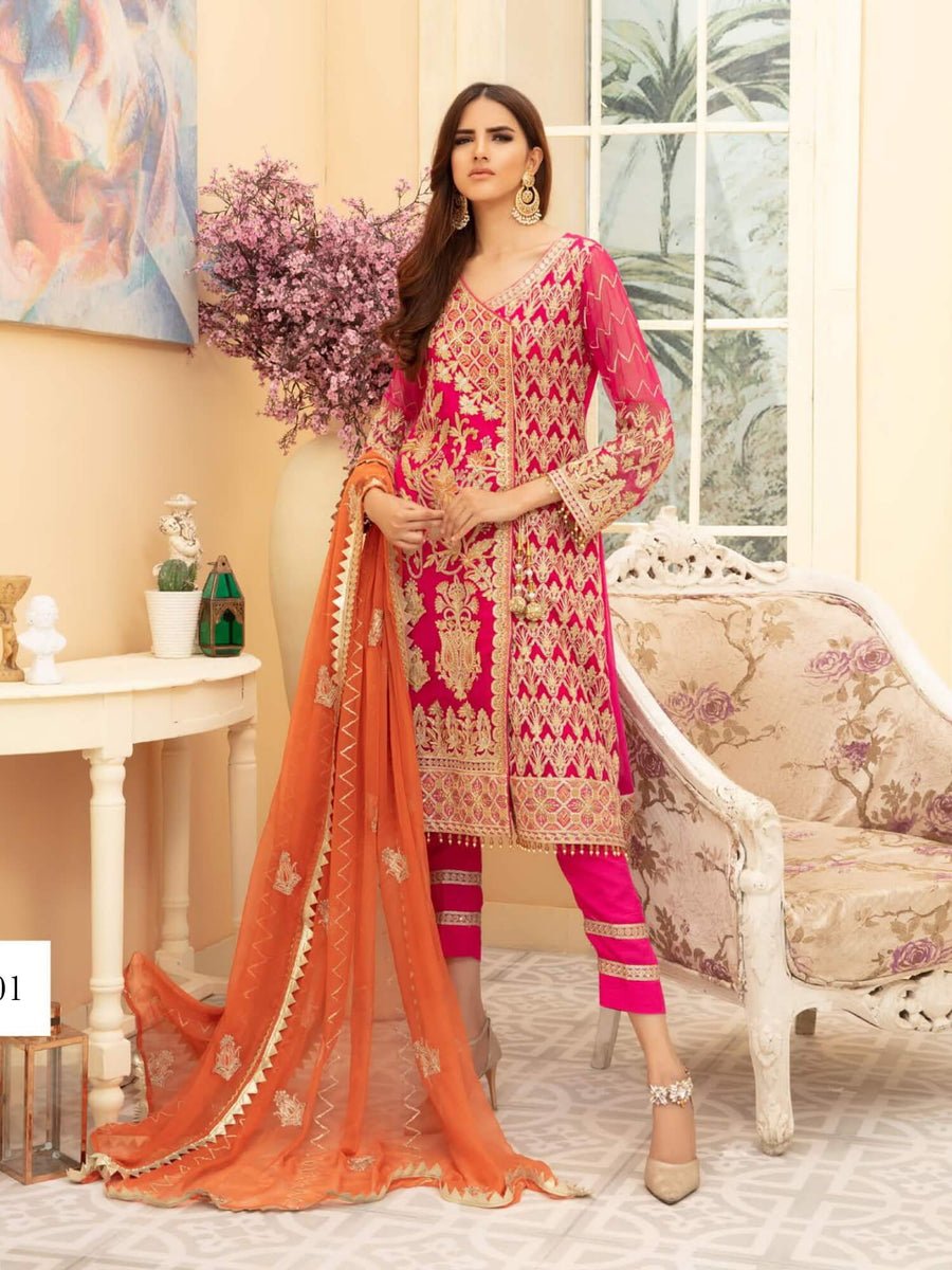 Maryum N Maria Premium Chiffon Collection Embroidered 3Pc Suit MMD-01 - FaisalFabrics.pk