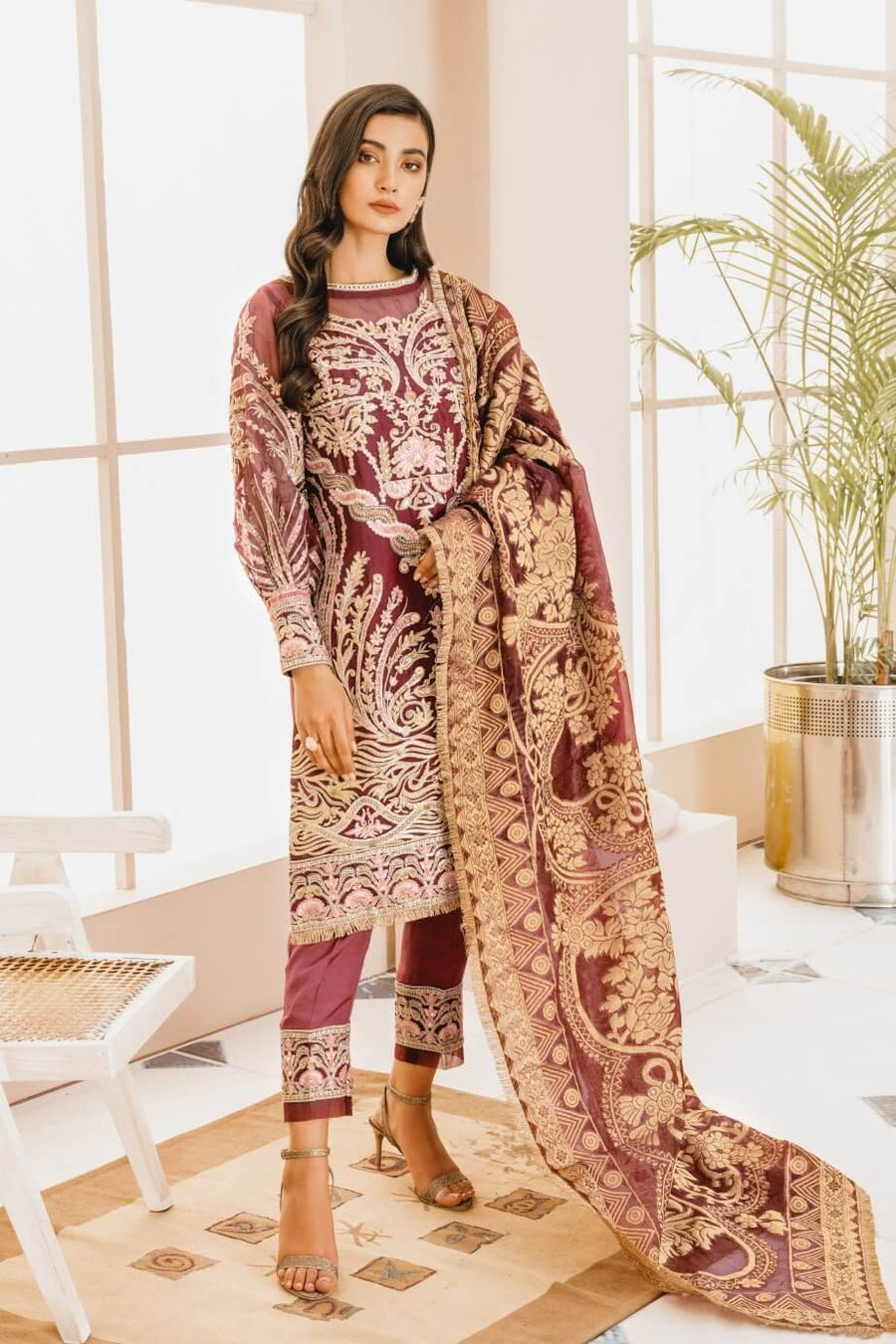 MASHQ Premium Embroidery Wedding Collection 3pc Suit Maroon Day MX-06 - FaisalFabrics.pk