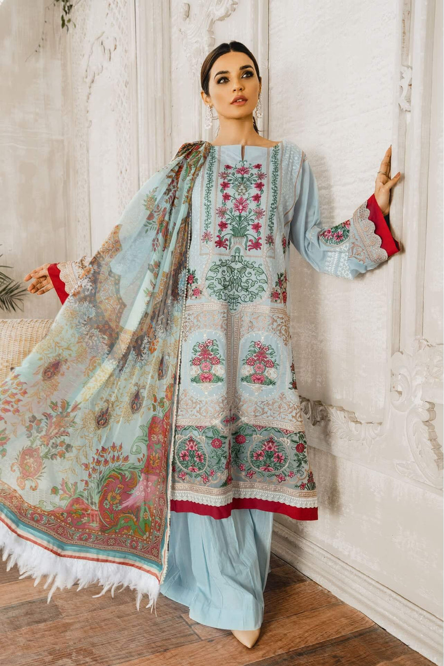 Maryum N Maria Luxury Lawn 3 Piece Embroidered Suit ML-05 Blue light - FaisalFabrics.pk