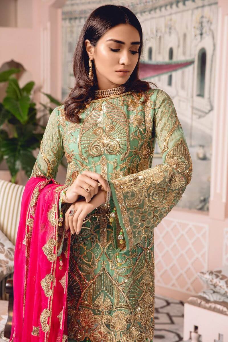 Freesia by Maryum N Maria Embroidered Chiffon 3 Pc Suit FE-01 Castlied Lime - FaisalFabrics.pk