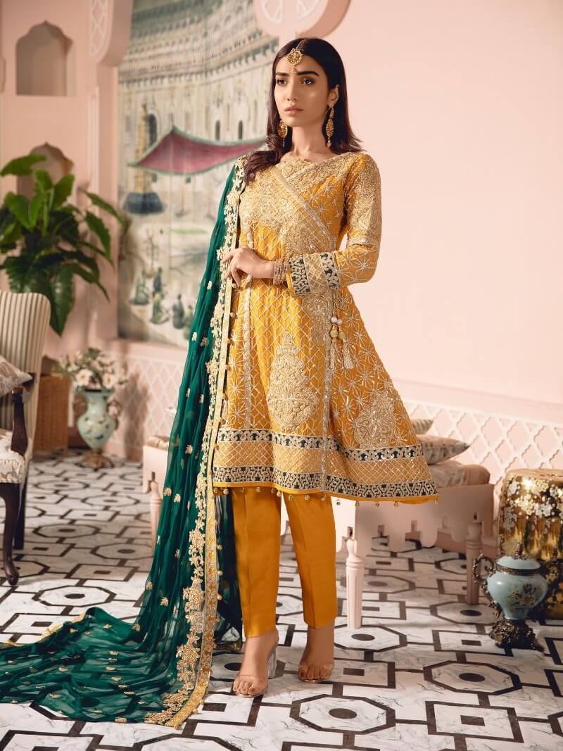 Freesia by Maryum N Maria Embroidered Chiffon 3 Pc Suit FE-02 Green Yelleit - FaisalFabrics.pk