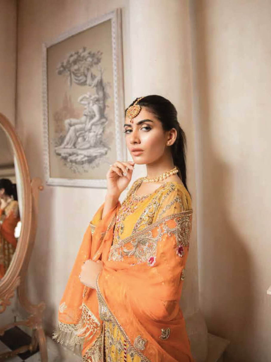 MASHQ Formal Collection Embroidered Chiffon 3Pc Suit MY-01 KESARI - FaisalFabrics.pk
