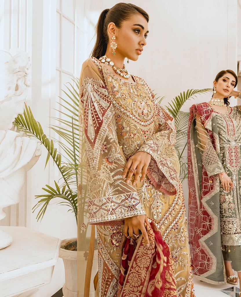 Maryum N Maria Freesia Premium Embroidered Chiffon 3Pc Suit FG-09 Criss and Cross - FaisalFabrics.pk
