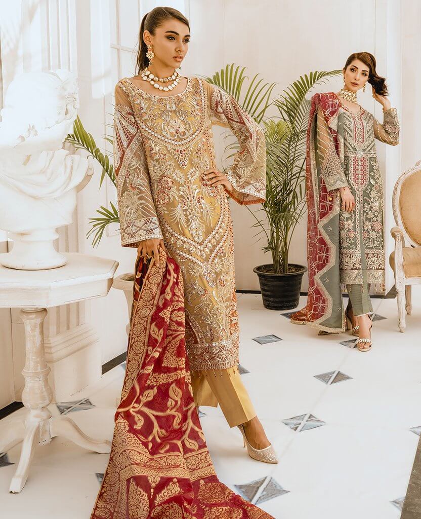 Maryum N Maria Freesia Premium Embroidered Chiffon 3Pc Suit FG-09 Criss and Cross - FaisalFabrics.pk