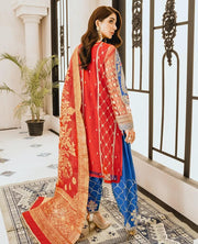 Maryum N Maria Freesia Premium Embroidered Chiffon 3Pc Suit FG-06 Red Blues - FaisalFabrics.pk