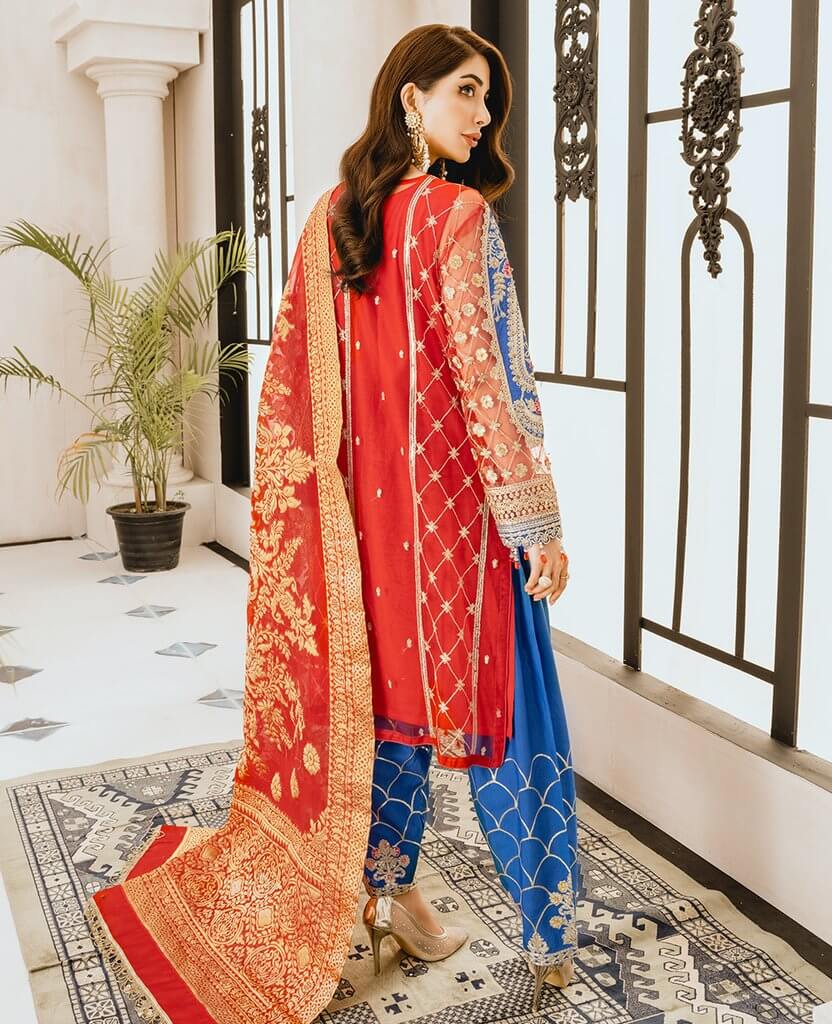 Maryum N Maria Freesia Premium Embroidered Chiffon 3Pc Suit FG-06 Red Blues - FaisalFabrics.pk