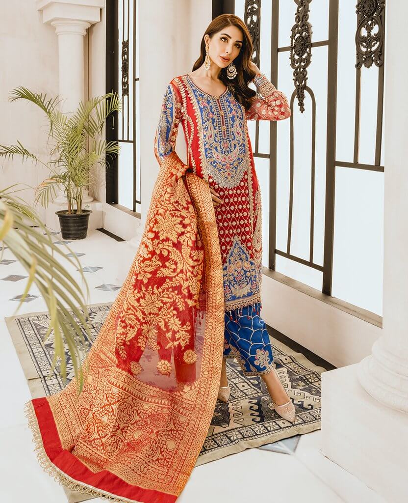 Maryum N Maria Freesia Premium Embroidered Chiffon 3Pc Suit FG-06 Red Blues - FaisalFabrics.pk
