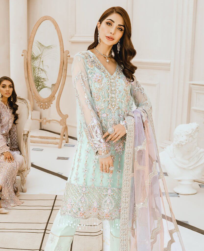 Maryum N Maria Freesia Premium Embroidered Chiffon 3Pc Suit FG-03 Sky Romance - FaisalFabrics.pk