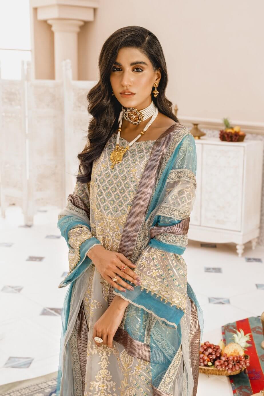 MASHQ Premium Embroidery Wedding Collection 3pc Suit Muzzelif MX-03 - FaisalFabrics.pk