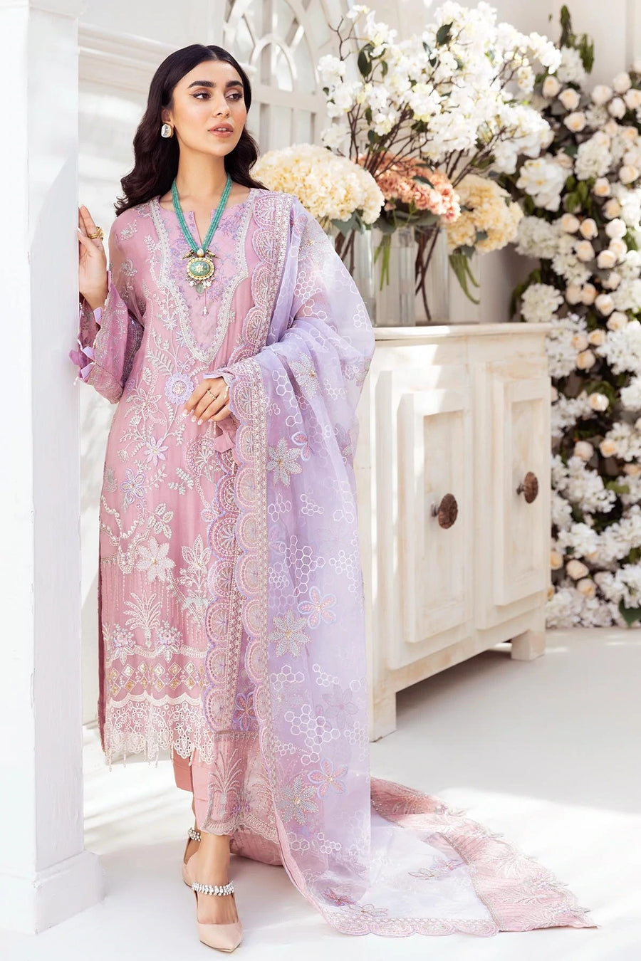 Nureh Elanora Luxury Chiffon Unstitched 3Pc Suit NEL-01 ROSE GIRL