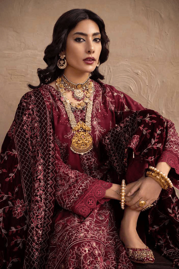Nureh Exclusive Unstitched Luxury Leather Peach Velvet Shawl Embroidered Suits 3 Piece NU25NS NE-198 - Festive Collection